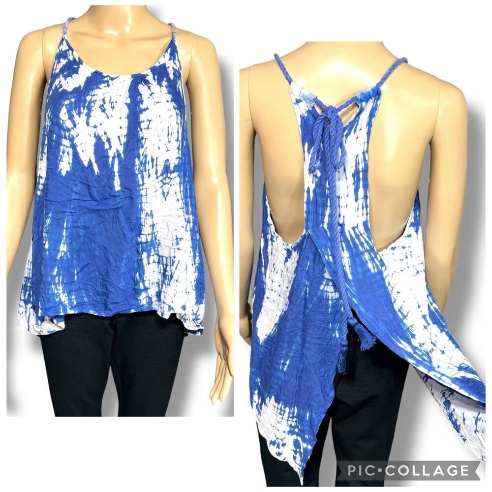 Earthbound Trading Co Open Back Blue Tie Dye Tank Tassel Boho Festival Small